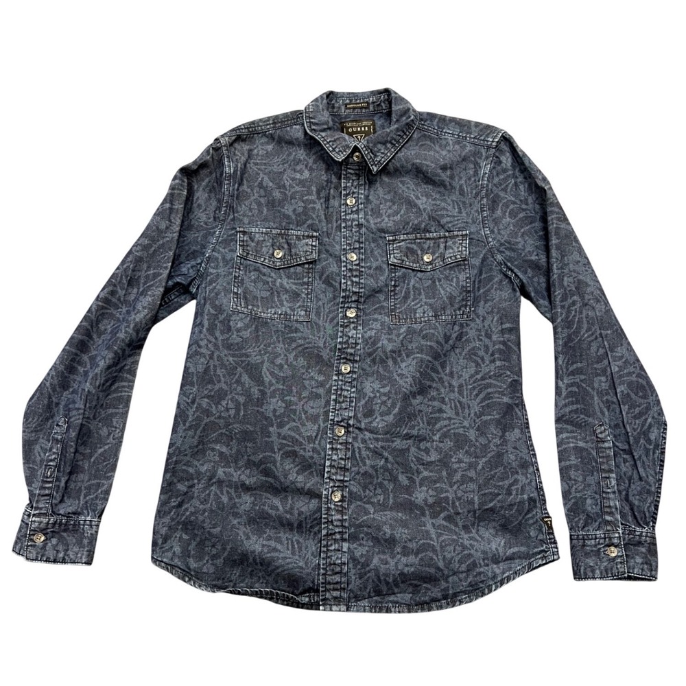 Guess Button Down Shirt Mens Small Blue Floral Leaf Print Regular Fit Denim Look